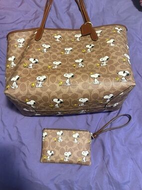 Coach Brown Snoopy & Woodstock Signature Canvas Tote with Wristlet